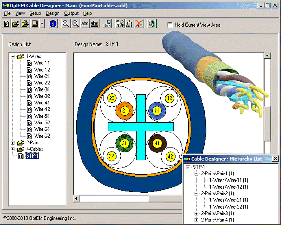 OptEM Cable Designer software showing cable cross-section and 3D view