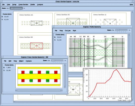 OptEM Connector software showing connector cross-sections and profile view