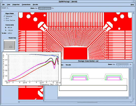 OptEM Package software showing plated interconnects and SI results